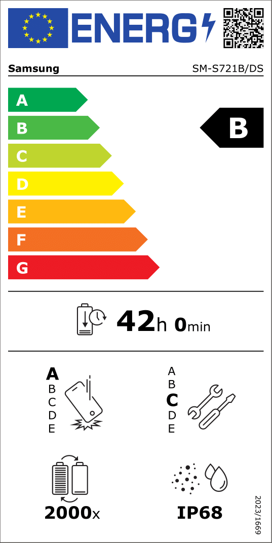 Energy Efficiency Class B; Battery Endurance per Cycle 42h0min; Repeated Fall Reliability A;  Repairability Class C; Battery Endurance (in cycles) 2000; Ingress Protection Rating IP68